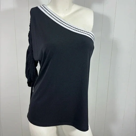 NWT NY & CO Women’s Sz M one shoulder black white blouse 3/4 Sleeve stretch - Picture 4 of 10